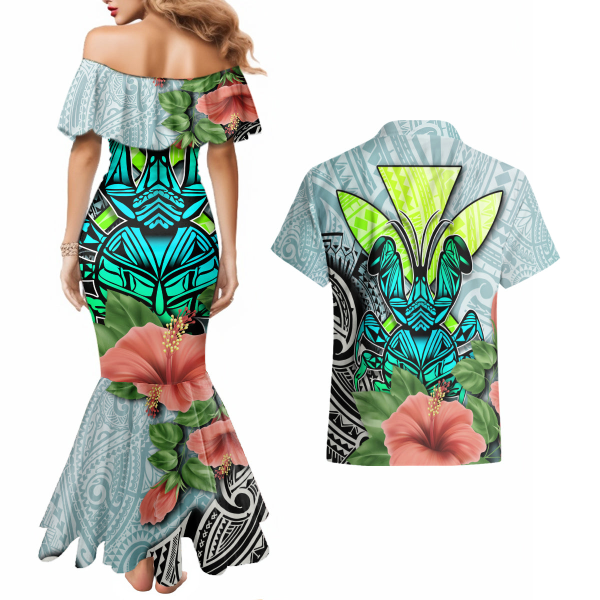 Polynesian Hawaii Couples Matching Mermaid Dress and Hawaiian Shirt Kanaka with Crab Tribal tattoo - Wonder Print Shop