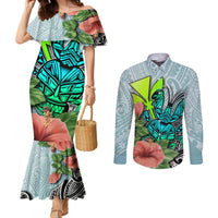polynesian-hawaii-couples-matching-mermaid-dress-and-long-sleeve-button-shirt-kanaka-with-crab-tribal-tattoo