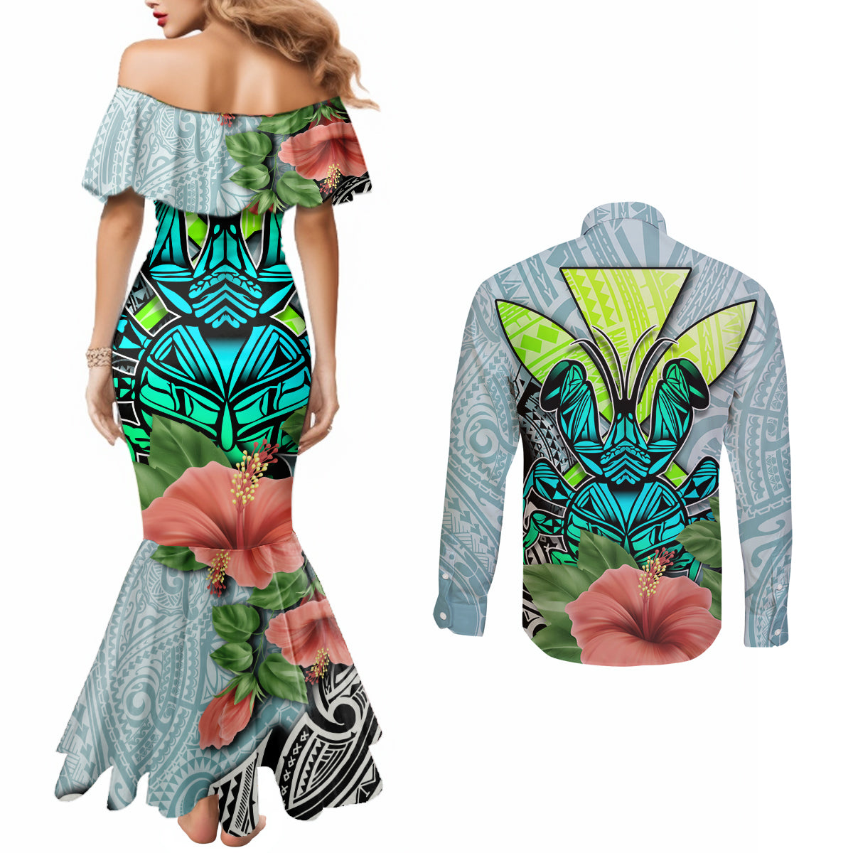 polynesian-hawaii-couples-matching-mermaid-dress-and-long-sleeve-button-shirt-kanaka-with-crab-tribal-tattoo