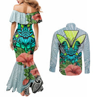 polynesian-hawaii-couples-matching-mermaid-dress-and-long-sleeve-button-shirt-kanaka-with-crab-tribal-tattoo