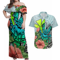 Polynesian Hawaii Couples Matching Off Shoulder Maxi Dress and Hawaiian Shirt Kanaka with Crab Tribal tattoo - Wonder Print Shop