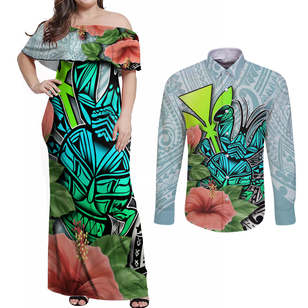 Polynesian Hawaii Couples Matching Off Shoulder Maxi Dress and Long Sleeve Button Shirt Kanaka with Crab Tribal tattoo - Wonder Print Shop