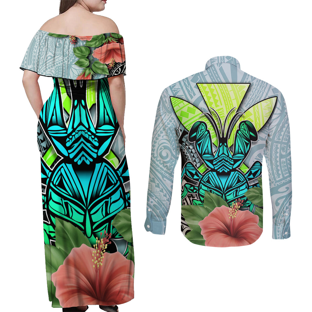 Polynesian Hawaii Couples Matching Off Shoulder Maxi Dress and Long Sleeve Button Shirt Kanaka with Crab Tribal tattoo - Wonder Print Shop