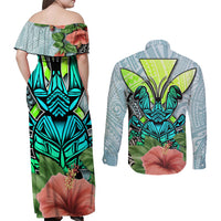 Polynesian Hawaii Couples Matching Off Shoulder Maxi Dress and Long Sleeve Button Shirt Kanaka with Crab Tribal tattoo - Wonder Print Shop