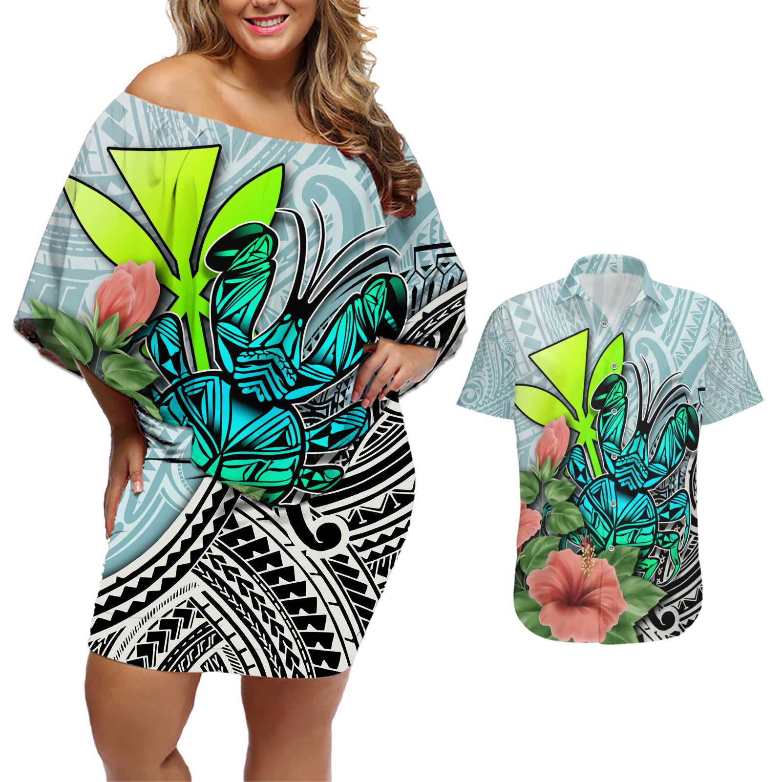 Polynesian Hawaii Couples Matching Off Shoulder Short Dress and Hawaiian Shirt Kanaka with Crab Tribal tattoo - Wonder Print Shop