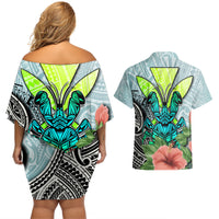 Polynesian Hawaii Couples Matching Off Shoulder Short Dress and Hawaiian Shirt Kanaka with Crab Tribal tattoo - Wonder Print Shop