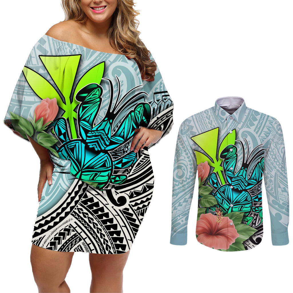 Polynesian Hawaii Couples Matching Off Shoulder Short Dress and Long Sleeve Button Shirt Kanaka with Crab Tribal tattoo - Wonder Print Shop