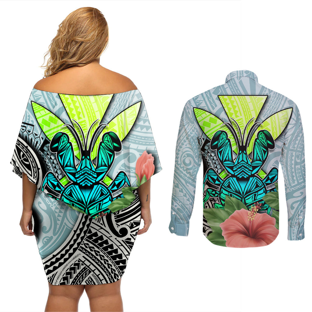 Polynesian Hawaii Couples Matching Off Shoulder Short Dress and Long Sleeve Button Shirt Kanaka with Crab Tribal tattoo - Wonder Print Shop