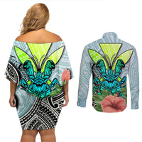 Polynesian Hawaii Couples Matching Off Shoulder Short Dress and Long Sleeve Button Shirt Kanaka with Crab Tribal tattoo - Wonder Print Shop