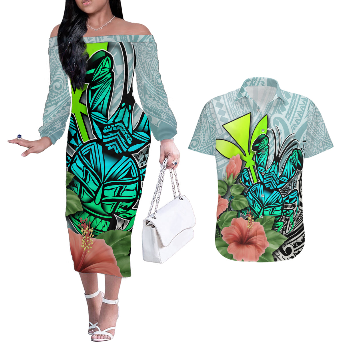 Polynesian Hawaii Couples Matching Off The Shoulder Long Sleeve Dress and Hawaiian Shirt Kanaka with Crab Tribal tattoo - Wonder Print Shop