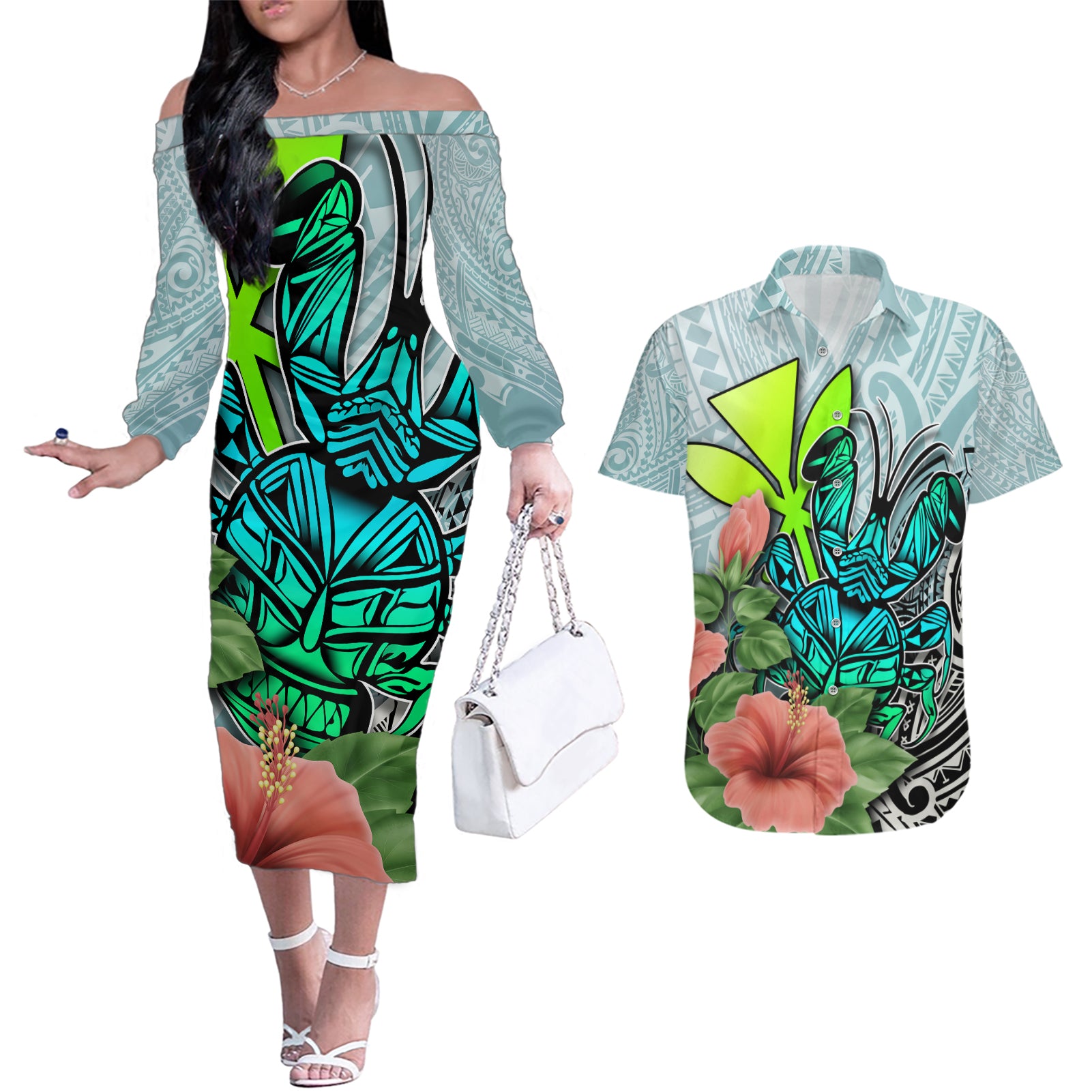 Polynesian Hawaii Couples Matching Off The Shoulder Long Sleeve Dress and Hawaiian Shirt Kanaka with Crab Tribal tattoo - Wonder Print Shop