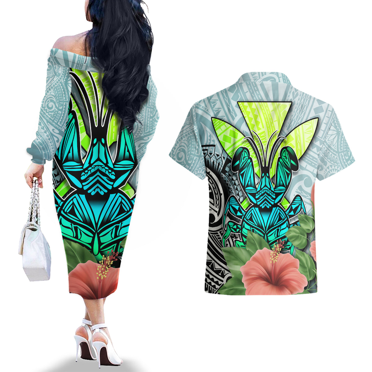 Polynesian Hawaii Couples Matching Off The Shoulder Long Sleeve Dress and Hawaiian Shirt Kanaka with Crab Tribal tattoo - Wonder Print Shop