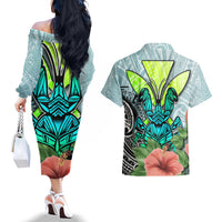 Polynesian Hawaii Couples Matching Off The Shoulder Long Sleeve Dress and Hawaiian Shirt Kanaka with Crab Tribal tattoo - Wonder Print Shop