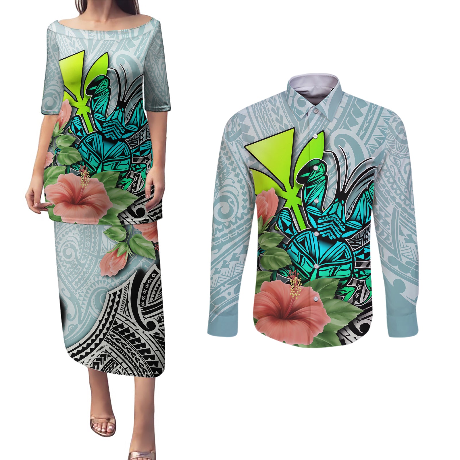 Polynesian Hawaii Couples Matching Puletasi Dress and Long Sleeve Button Shirt Kanaka with Crab Tribal tattoo - Wonder Print Shop
