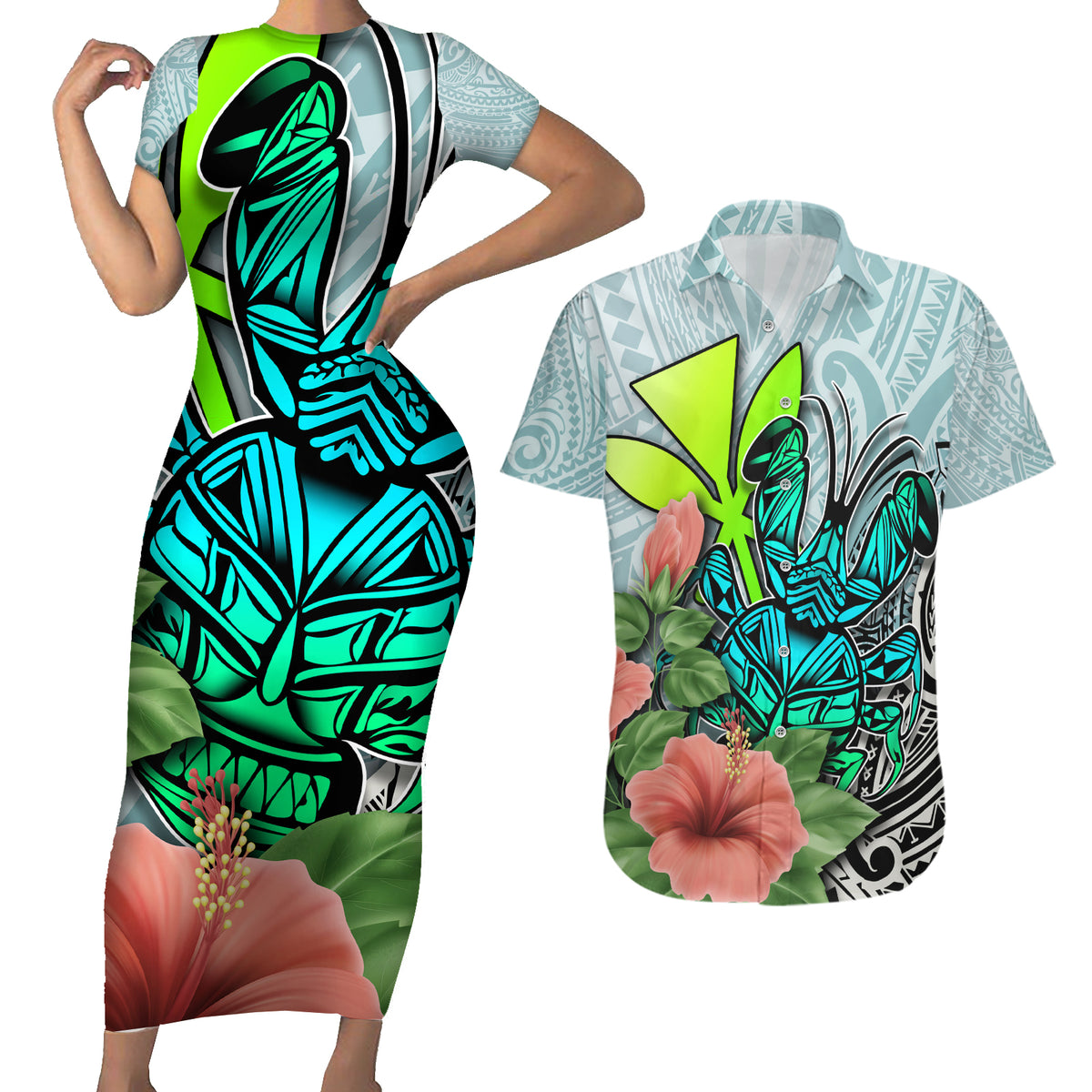 Polynesian Hawaii Couples Matching Short Sleeve Bodycon Dress and Hawaiian Shirt Kanaka with Crab Tribal tattoo - Wonder Print Shop