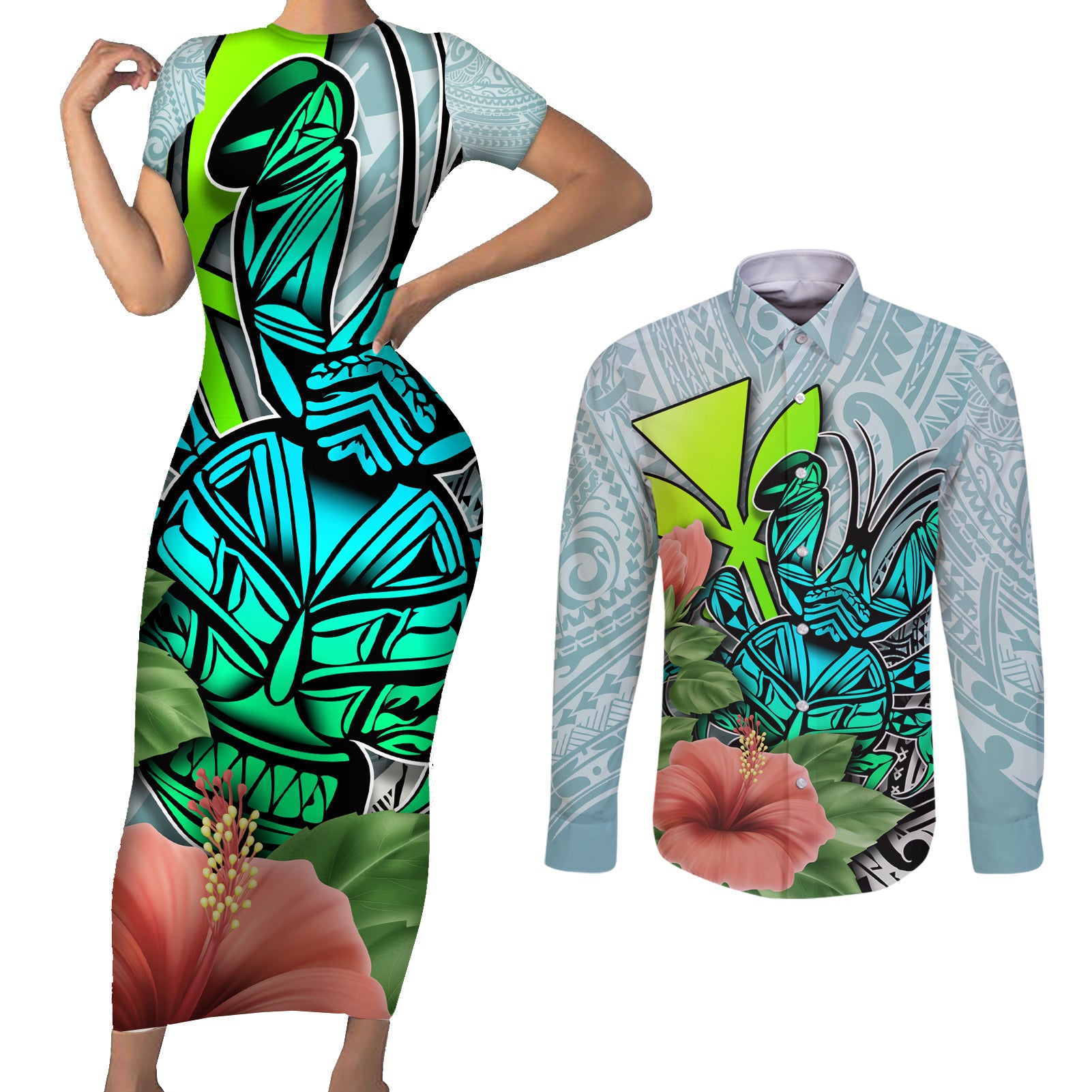 Polynesian Hawaii Couples Matching Short Sleeve Bodycon Dress and Long Sleeve Button Shirt Kanaka with Crab Tribal tattoo - Wonder Print Shop