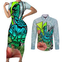 Polynesian Hawaii Couples Matching Short Sleeve Bodycon Dress and Long Sleeve Button Shirt Kanaka with Crab Tribal tattoo - Wonder Print Shop