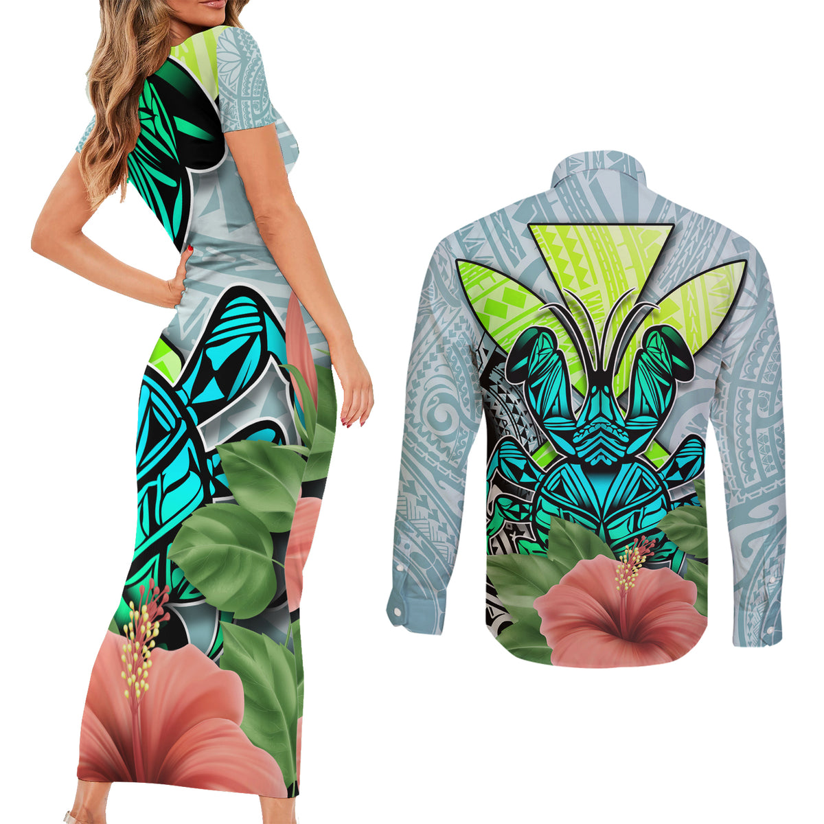 Polynesian Hawaii Couples Matching Short Sleeve Bodycon Dress and Long Sleeve Button Shirt Kanaka with Crab Tribal tattoo - Wonder Print Shop