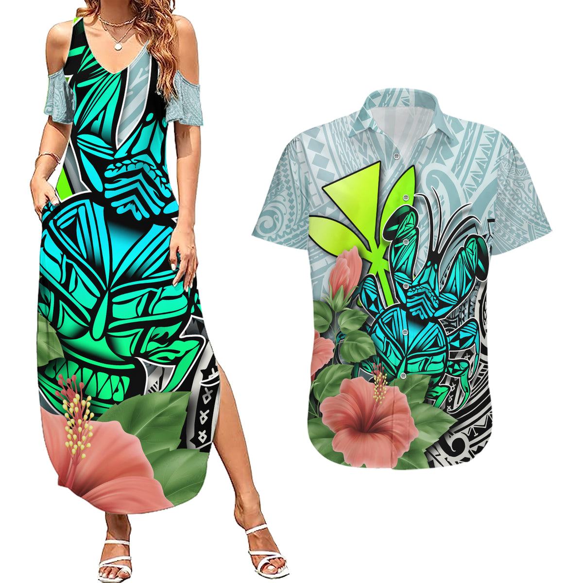 Polynesian Hawaii Couples Matching Summer Maxi Dress and Hawaiian Shirt Kanaka with Crab Tribal tattoo - Wonder Print Shop