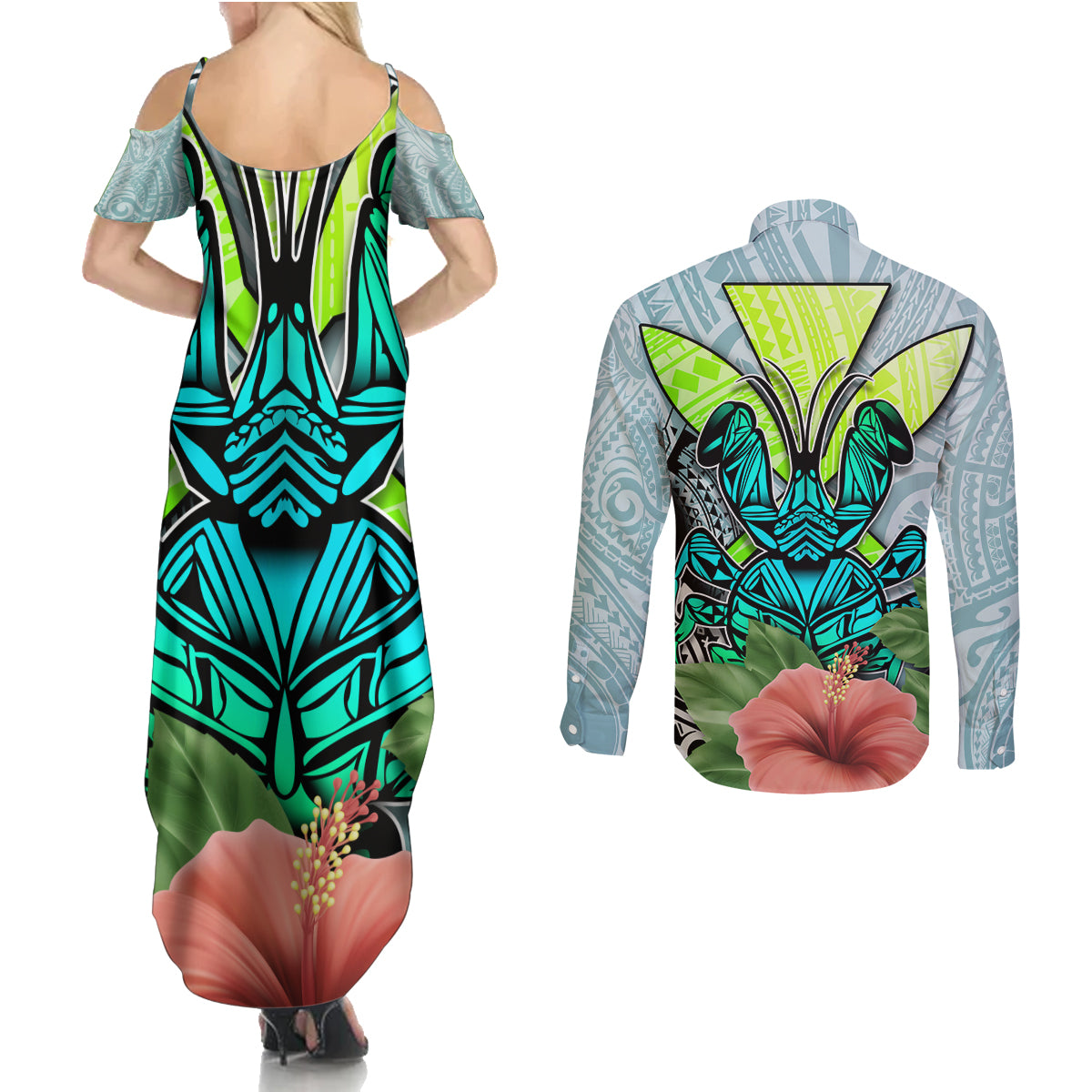 Polynesian Hawaii Couples Matching Summer Maxi Dress and Long Sleeve Button Shirt Kanaka with Crab Tribal tattoo - Wonder Print Shop
