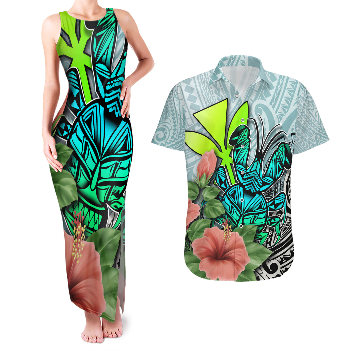 Polynesian Hawaii Couples Matching Tank Maxi Dress and Hawaiian Shirt Kanaka with Crab Tribal tattoo - Wonder Print Shop