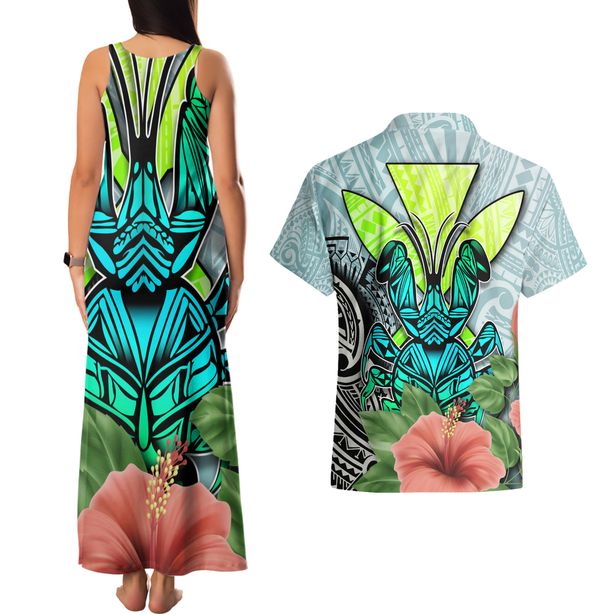 Polynesian Hawaii Couples Matching Tank Maxi Dress and Hawaiian Shirt Kanaka with Crab Tribal tattoo - Wonder Print Shop