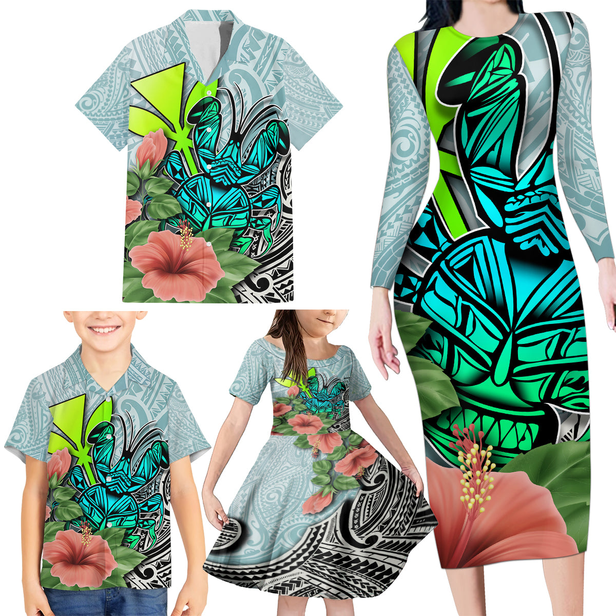 Polynesian Hawaii Family Matching Long Sleeve Bodycon Dress and Hawaiian Shirt Kanaka with Crab Tribal tattoo - Wonder Print Shop
