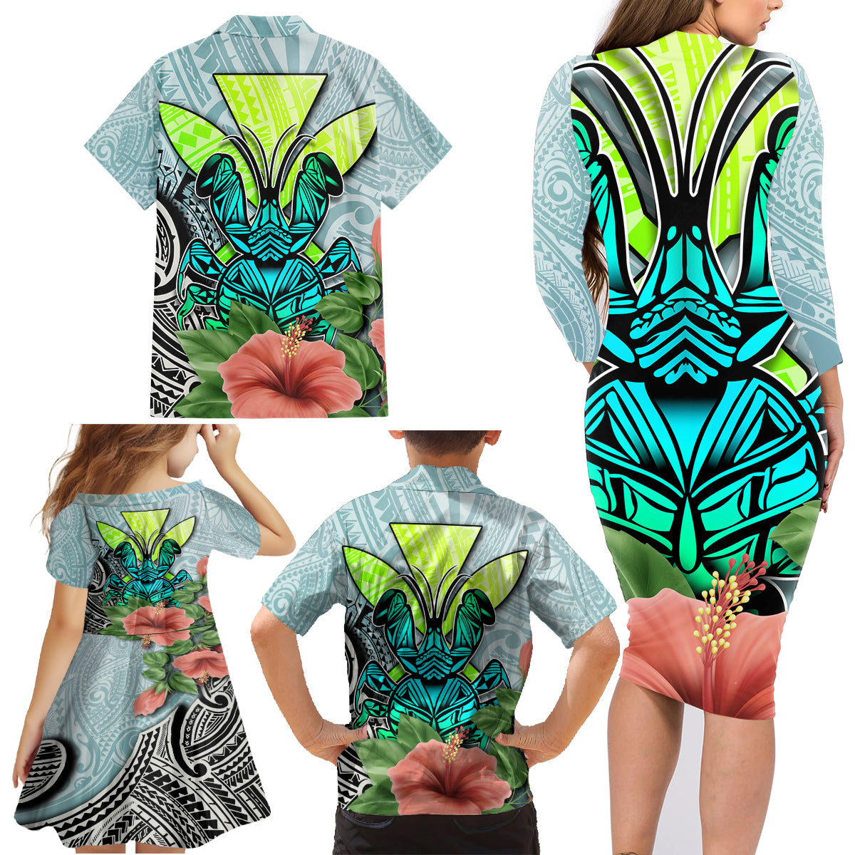 Polynesian Hawaii Family Matching Long Sleeve Bodycon Dress and Hawaiian Shirt Kanaka with Crab Tribal tattoo - Wonder Print Shop