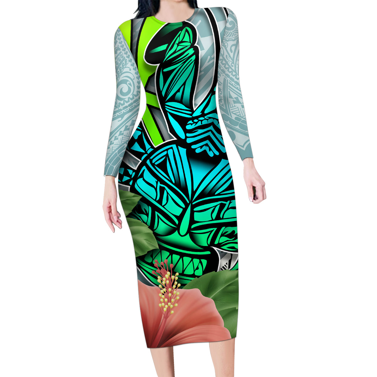Polynesian Hawaii Family Matching Long Sleeve Bodycon Dress and Hawaiian Shirt Kanaka with Crab Tribal tattoo - Wonder Print Shop