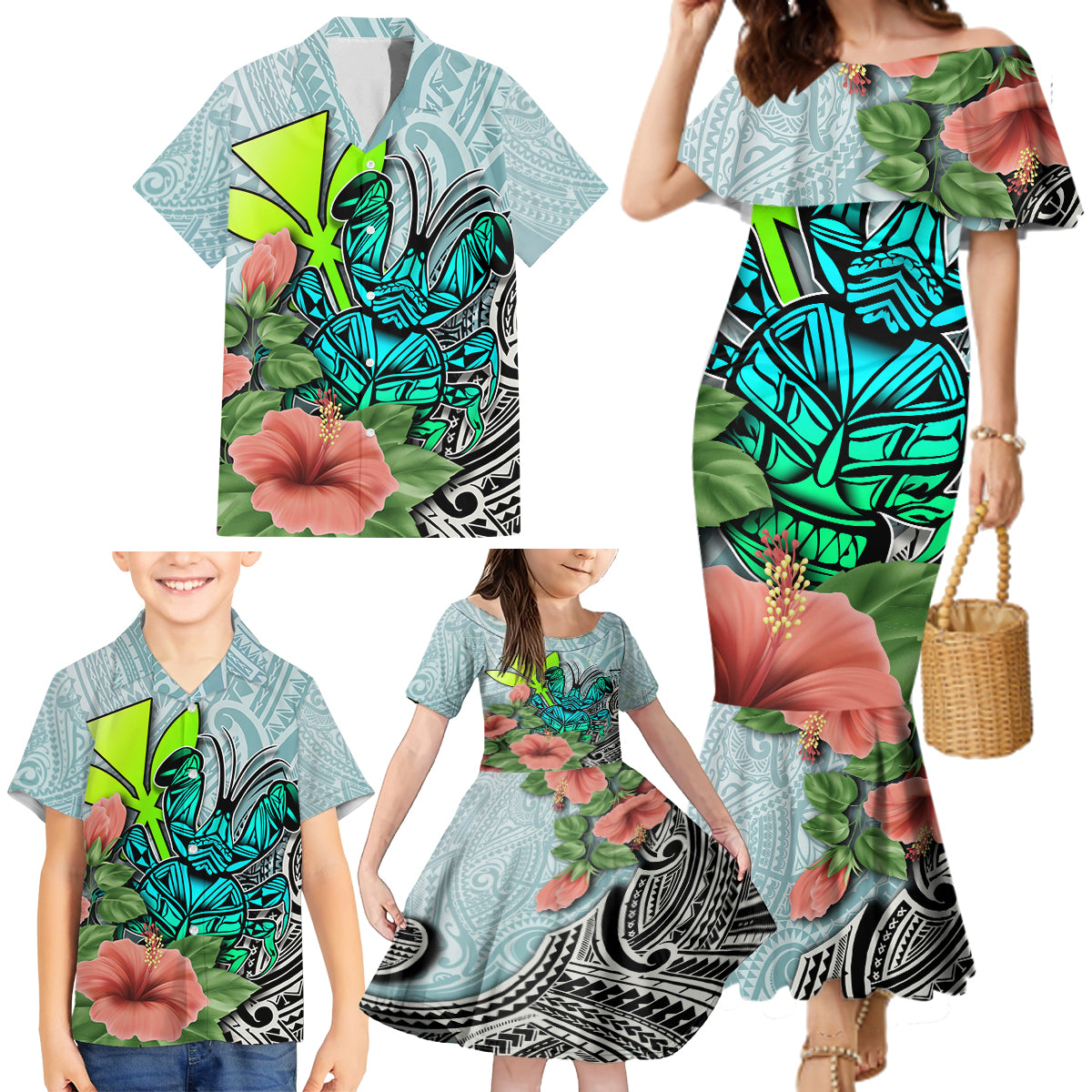 Polynesian Hawaii Family Matching Mermaid Dress and Hawaiian Shirt Kanaka with Crab Tribal tattoo - Wonder Print Shop