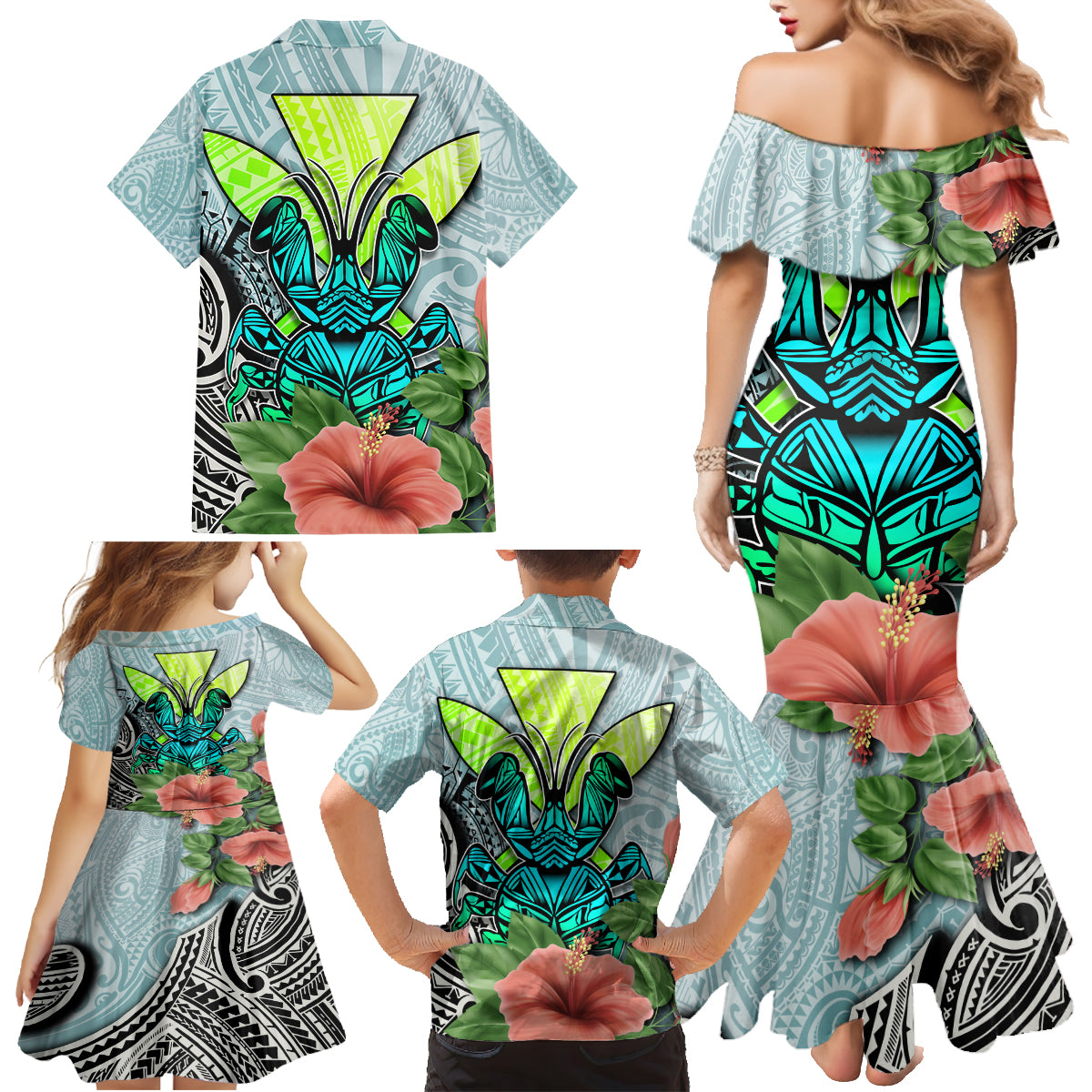 Polynesian Hawaii Family Matching Mermaid Dress and Hawaiian Shirt Kanaka with Crab Tribal tattoo - Wonder Print Shop
