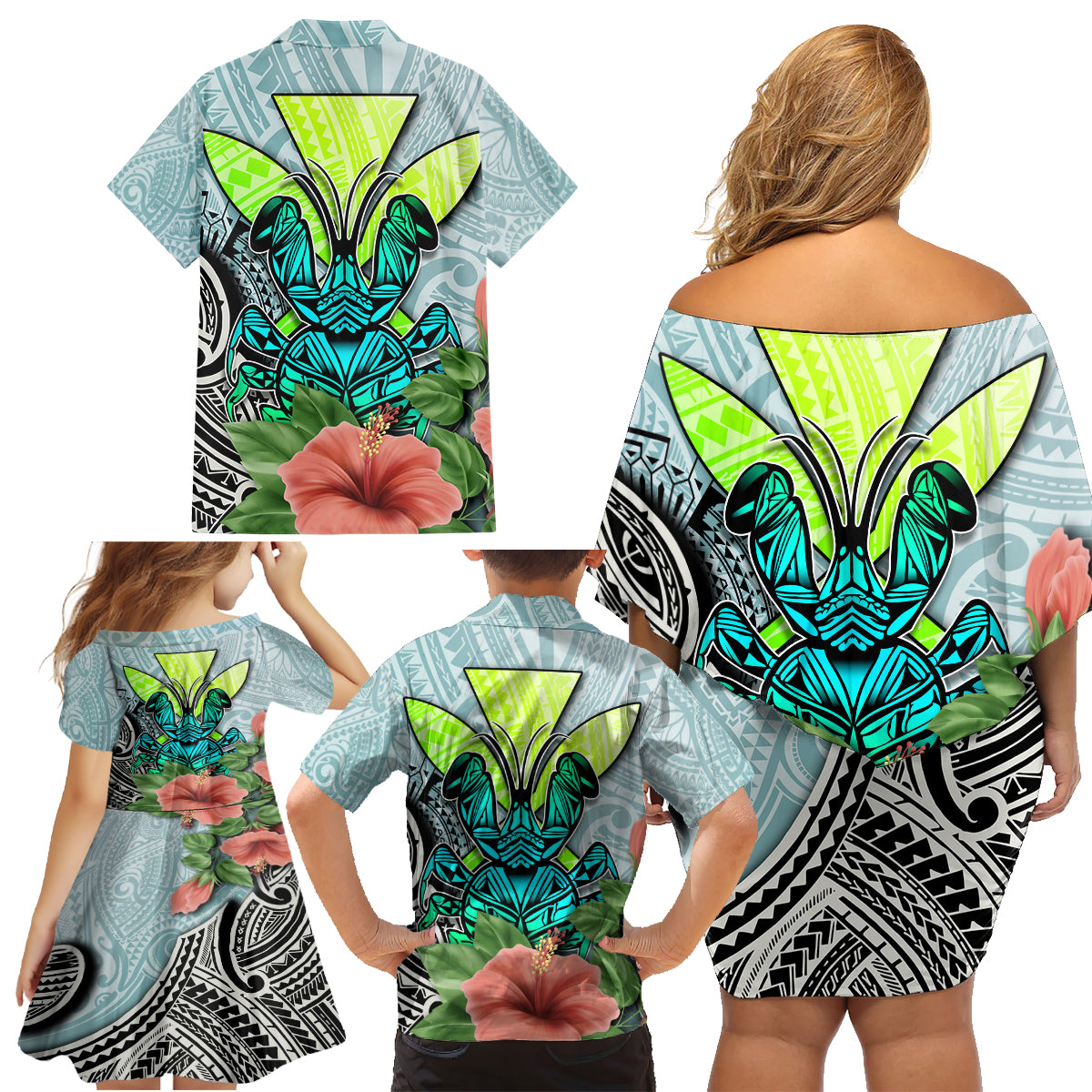 Polynesian Hawaii Family Matching Off Shoulder Short Dress and Hawaiian Shirt Kanaka with Crab Tribal tattoo - Wonder Print Shop