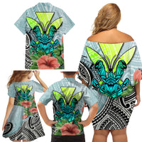 Polynesian Hawaii Family Matching Off Shoulder Short Dress and Hawaiian Shirt Kanaka with Crab Tribal tattoo - Wonder Print Shop