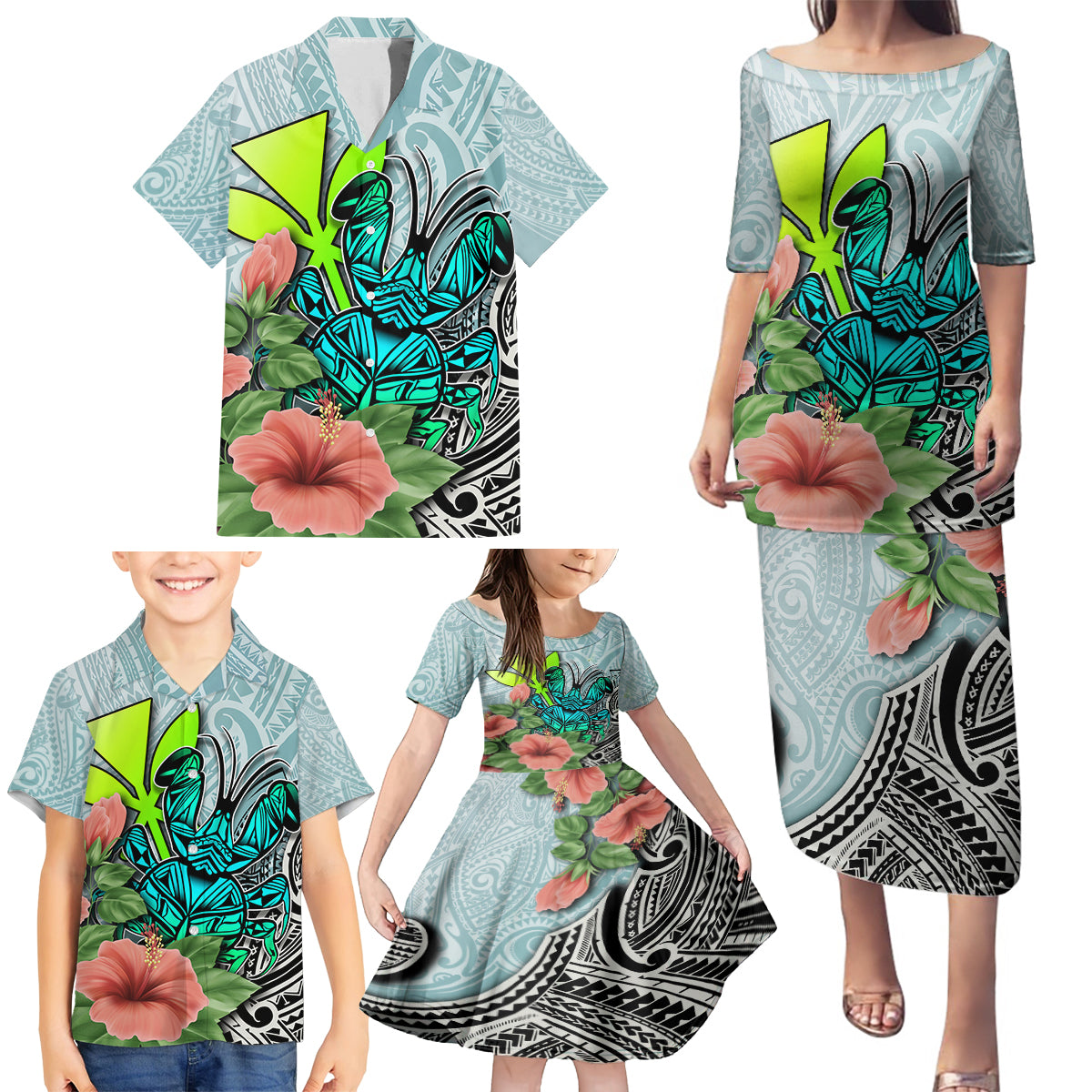Polynesian Hawaii Family Matching Puletasi Dress and Hawaiian Shirt Kanaka with Crab Tribal tattoo - Wonder Print Shop