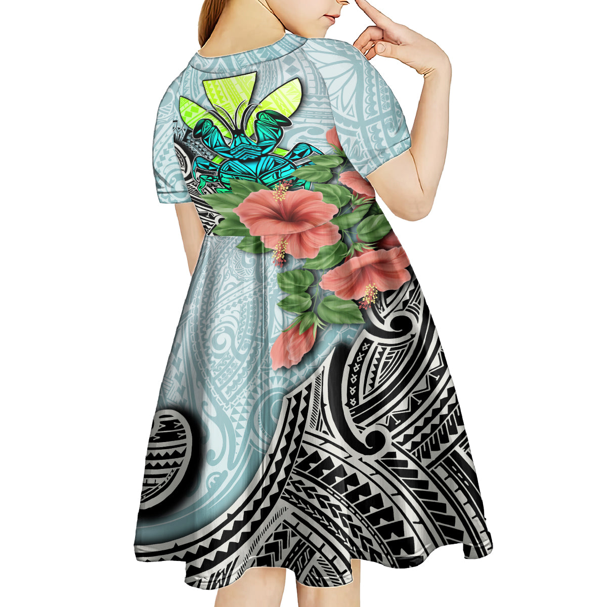 Polynesian Hawaii Kid Short Sleeve Dress Kanaka with Crab Tribal tattoo - Wonder Print Shop