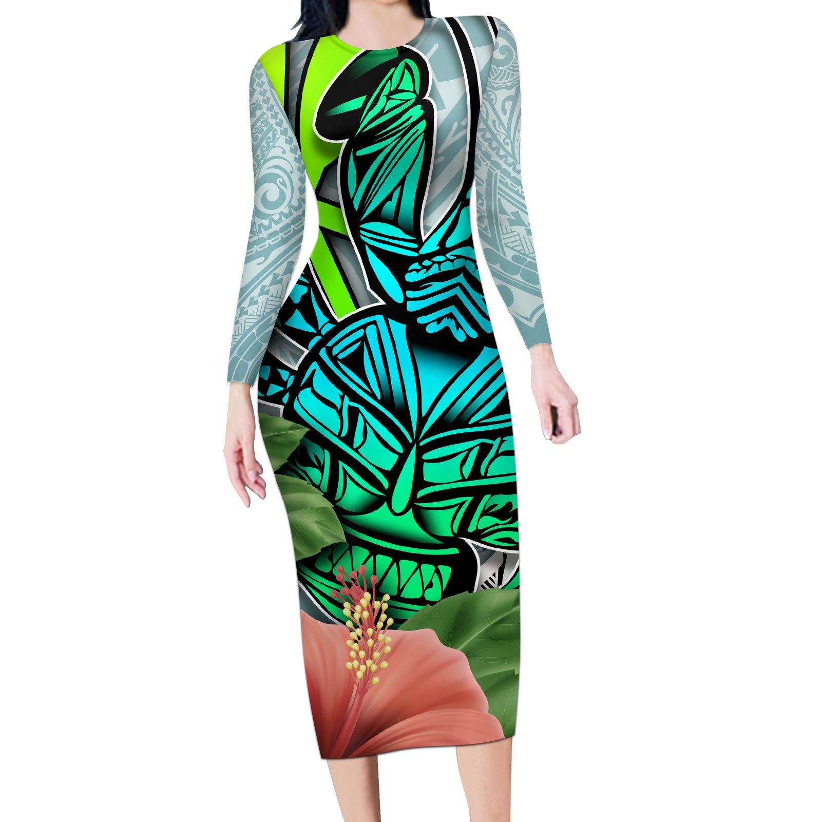 Polynesian Hawaii Long Sleeve Bodycon Dress Kanaka with Crab Tribal tattoo - Wonder Print Shop