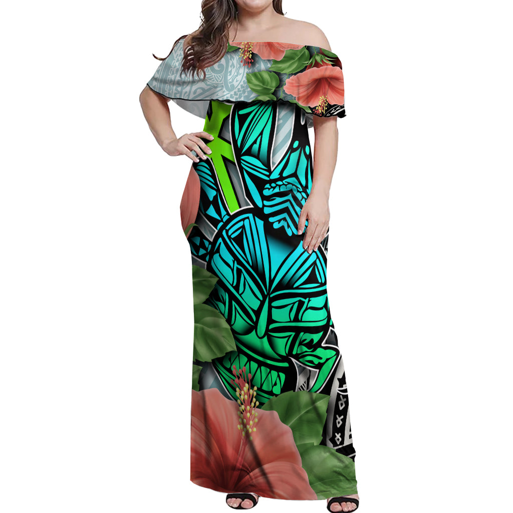 Polynesian Hawaii Off Shoulder Maxi Dress Kanaka with Crab Tribal tattoo - Wonder Print Shop