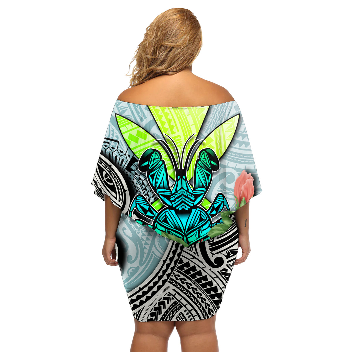 Polynesian Hawaii Off Shoulder Short Dress Kanaka with Crab Tribal tattoo - Wonder Print Shop