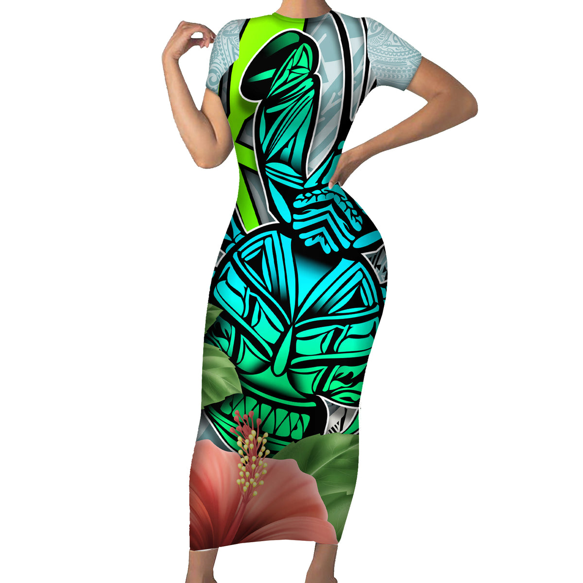 Polynesian Hawaii Short Sleeve Bodycon Dress Kanaka with Crab Tribal tattoo - Wonder Print Shop