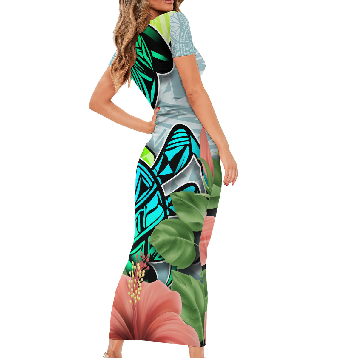 Polynesian Hawaii Short Sleeve Bodycon Dress Kanaka with Crab Tribal tattoo - Wonder Print Shop