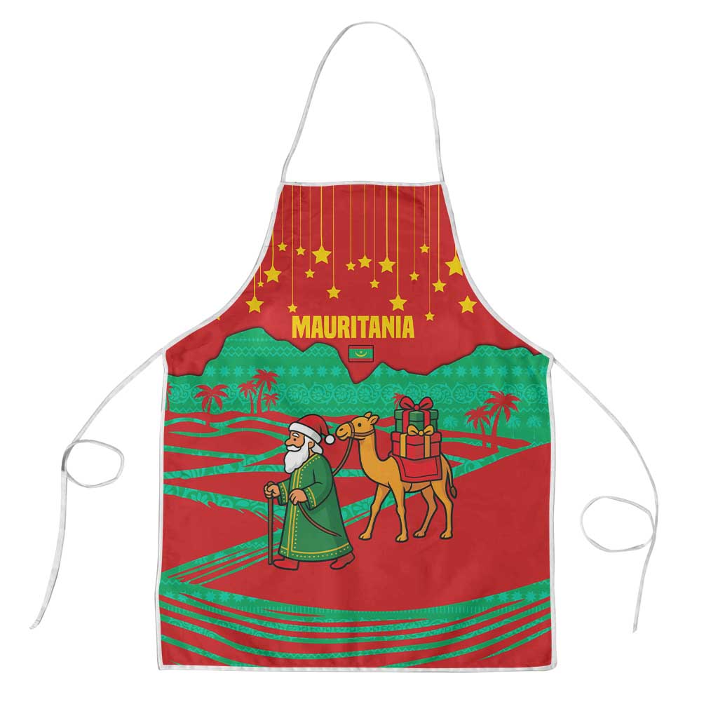 Mauritania Christmas Apron with Santa Claus Camel Gift Boxes Starry Sky and Desert Pattern Design - Wonder Print Shop