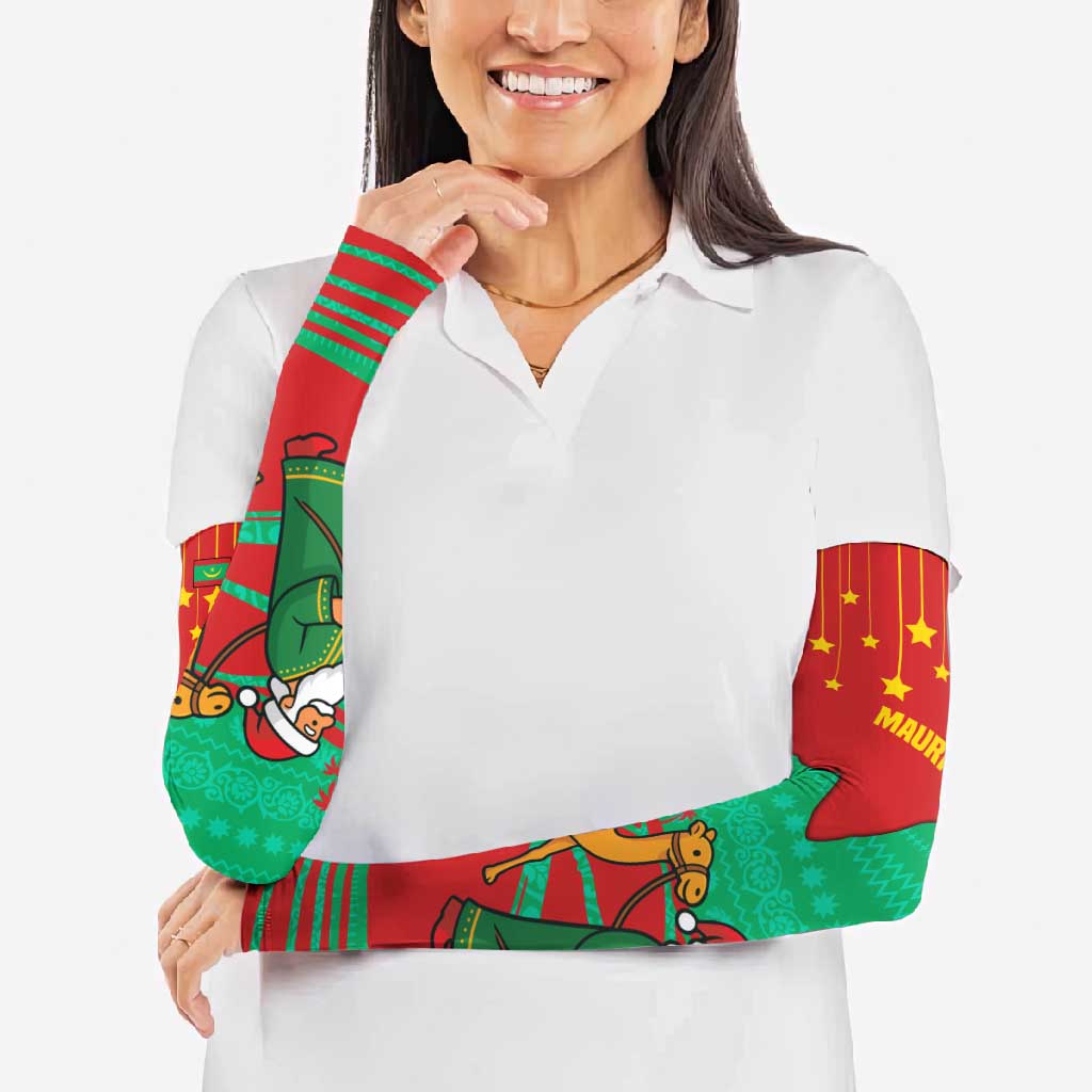 Mauritania Christmas Arm Sleeves with Santa Claus Camel Gift Boxes Starry Sky and Desert Pattern Design - Wonder Print Shop