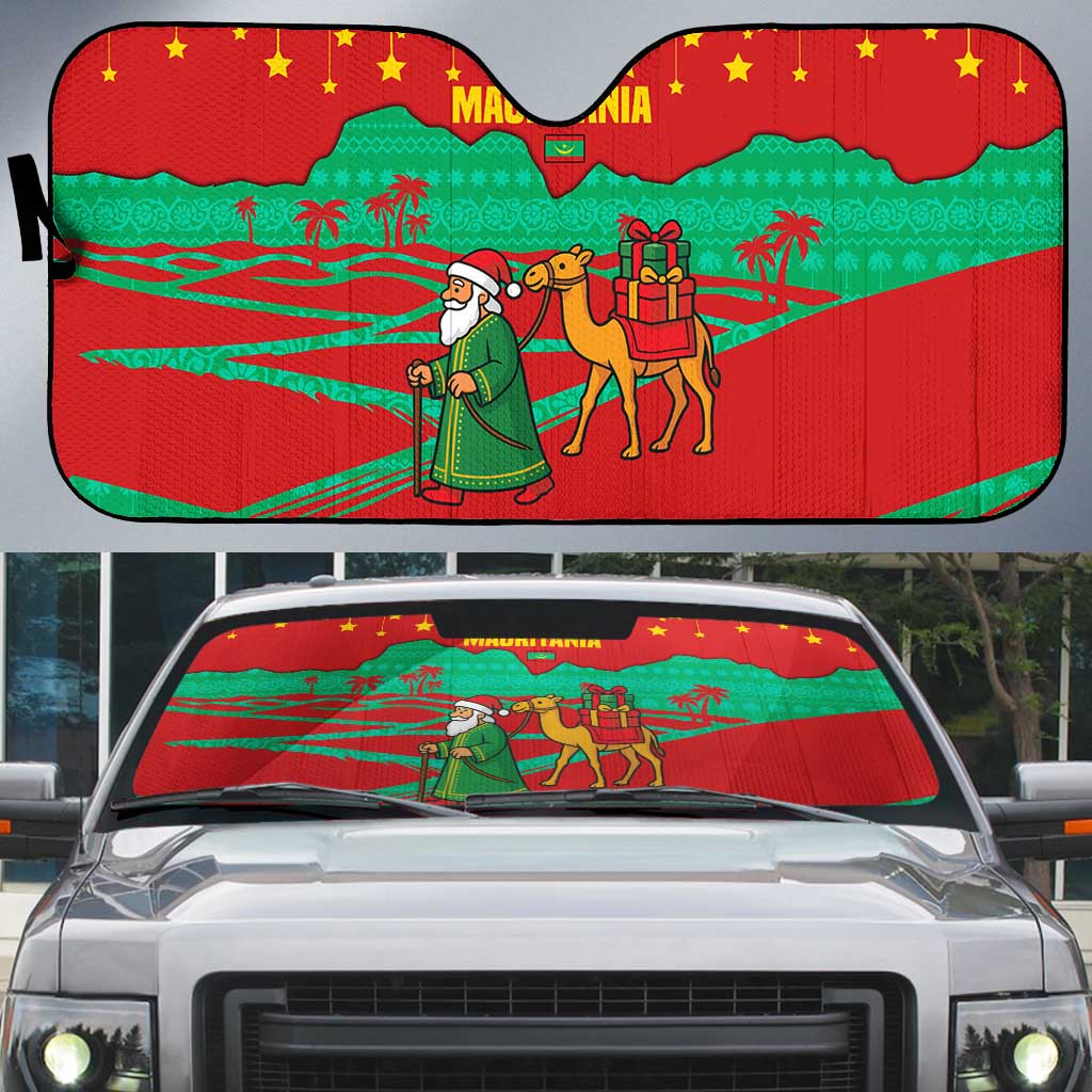 Mauritania Christmas Auto Sun Shade with Santa Claus Camel Gift Boxes Starry Sky and Desert Pattern Design - Wonder Print Shop