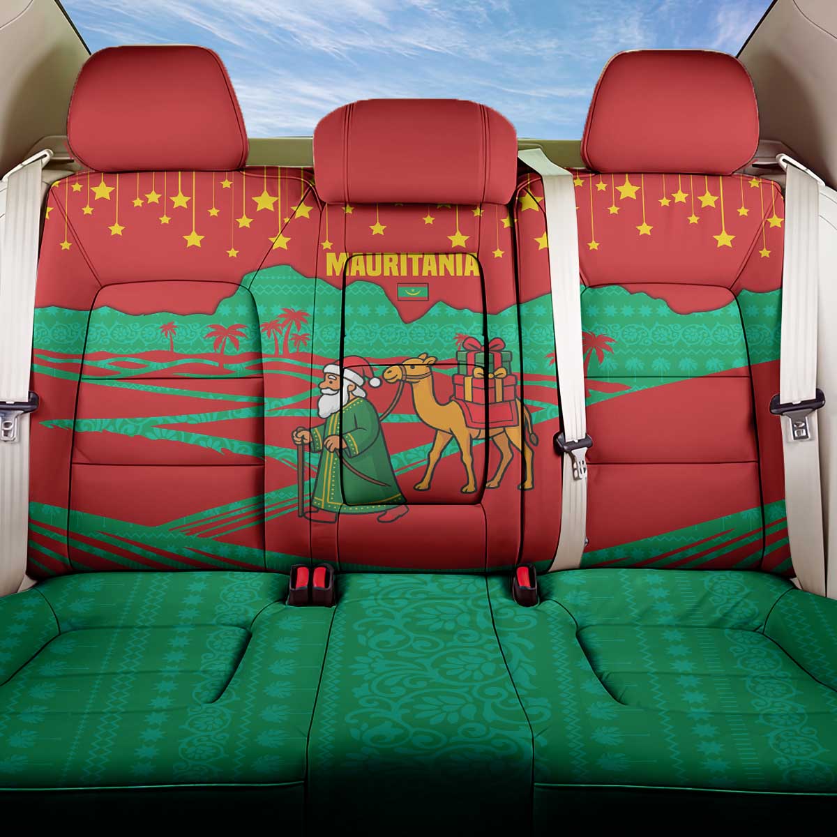 Mauritania Christmas Back Car Seat Cover with Santa Claus Camel Gift Boxes Starry Sky and Desert Pattern Design - Wonder Print Shop