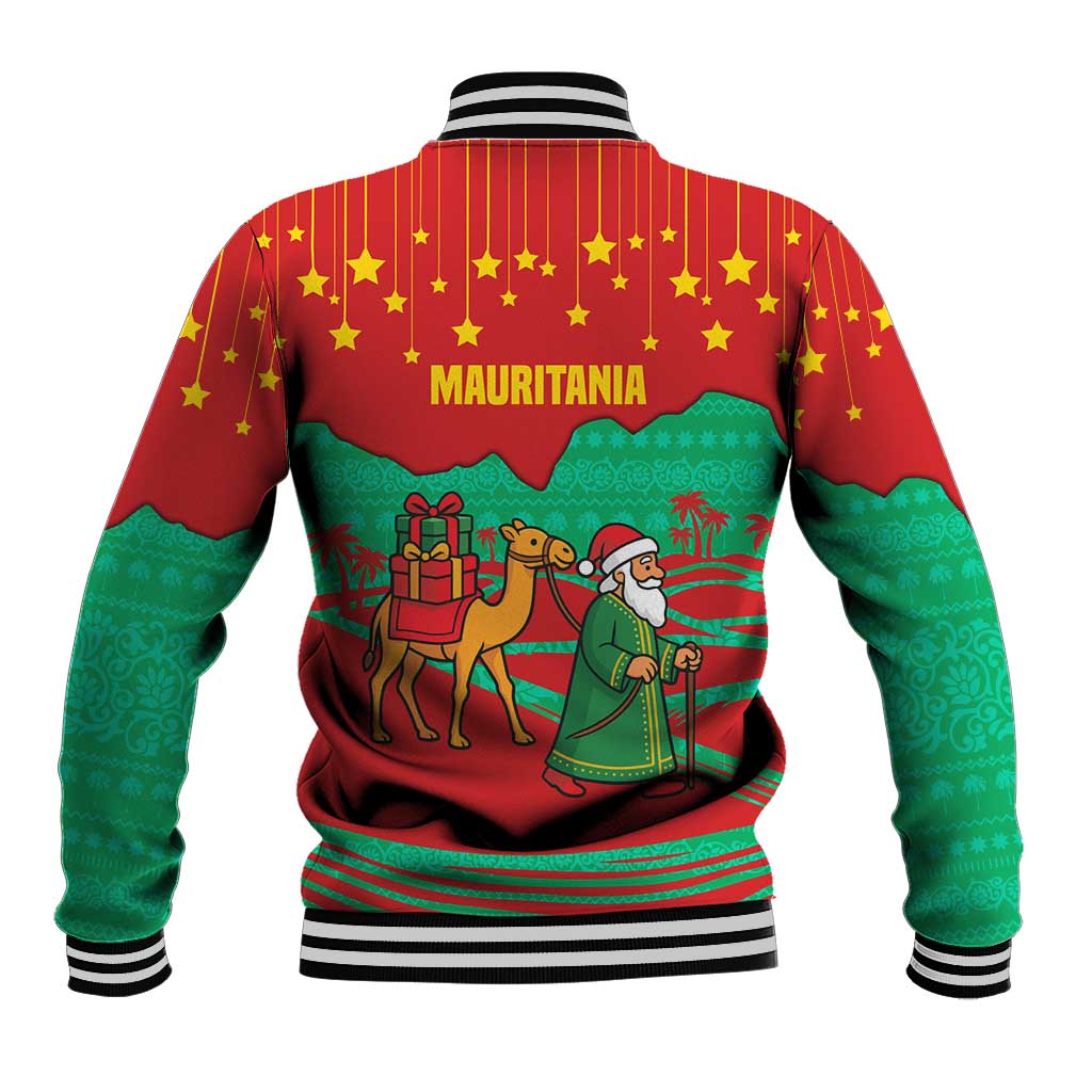 Mauritania Christmas Baseball Jacket with Santa Claus Camel Gift Boxes Starry Sky and Desert Pattern Design - Wonder Print Shop