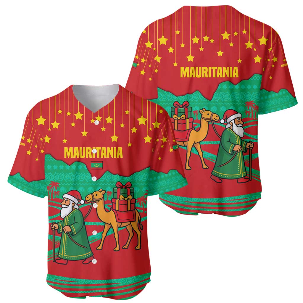 Mauritania Christmas Baseball Jersey with Santa Claus Camel Gift Boxes Starry Sky and Desert Pattern Design - Wonder Print Shop