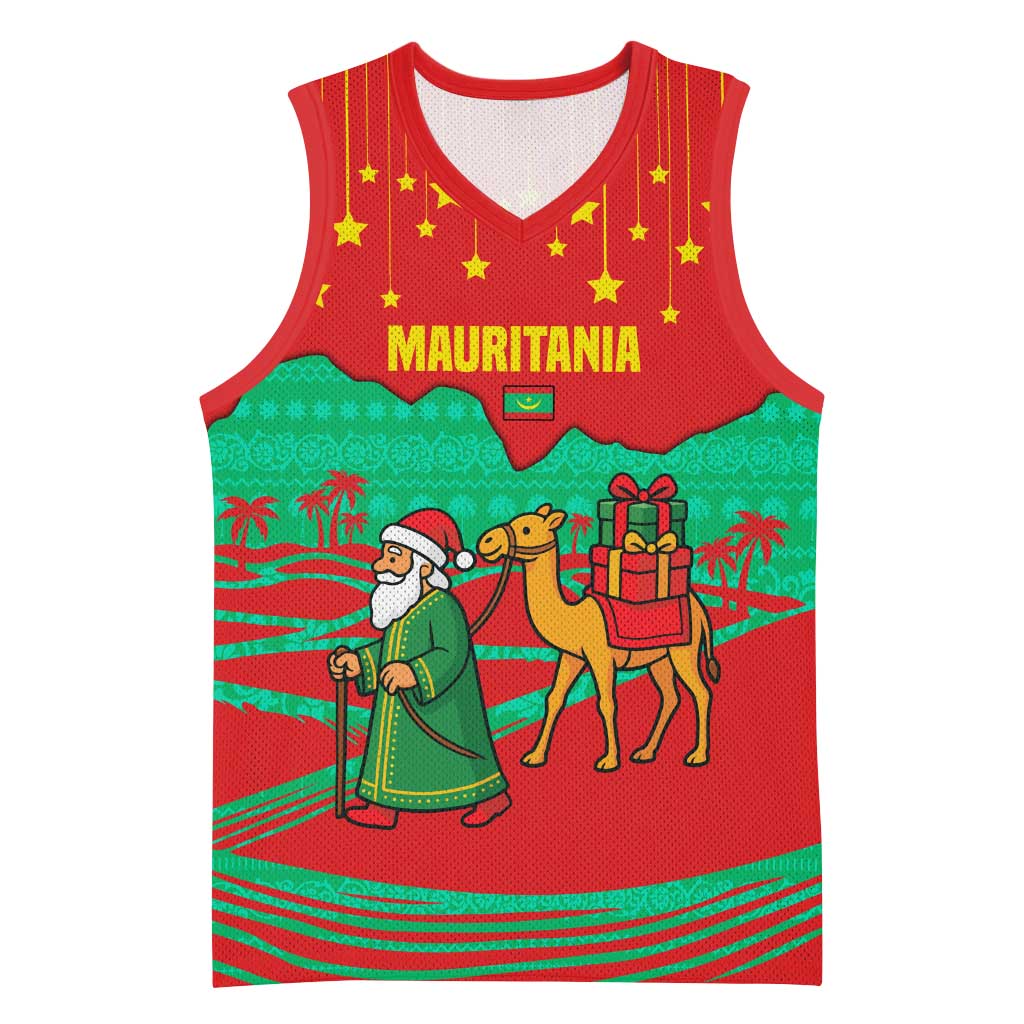 Mauritania Christmas Basketball Jersey with Santa Claus Camel Gift Boxes Starry Sky and Desert Pattern Design - Wonder Print Shop