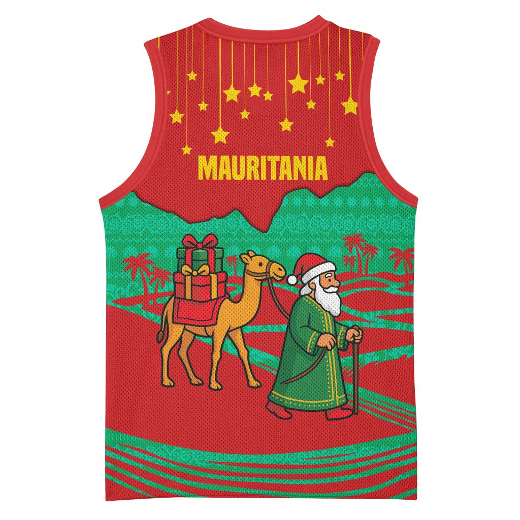 Mauritania Christmas Basketball Jersey with Santa Claus Camel Gift Boxes Starry Sky and Desert Pattern Design - Wonder Print Shop