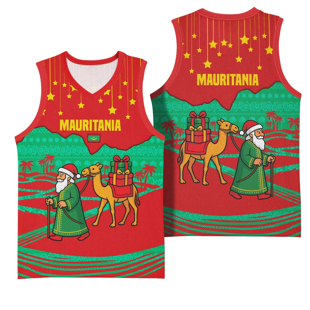 Mauritania Christmas Basketball Jersey with Santa Claus Camel Gift Boxes Starry Sky and Desert Pattern Design - Wonder Print Shop