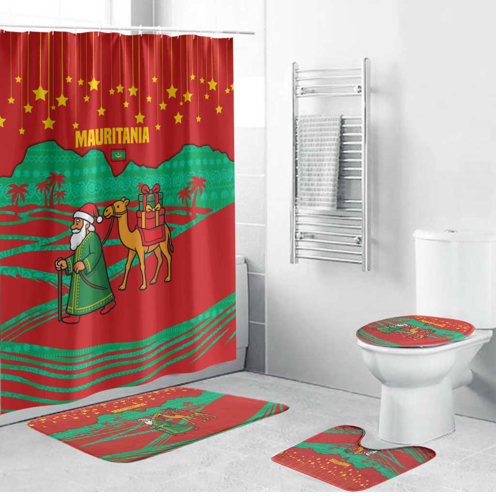 Mauritania Christmas Bathroom Set with Santa Claus Camel Gift Boxes Starry Sky and Desert Pattern Design - Wonder Print Shop